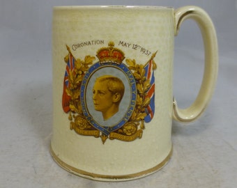 Vintage Coronación Rey Eduardo VIII 12 de mayo de 1937 Taza Tankard Conmemorativa - Honi Soit Qui Mal Y Pense - Recuerdo Real Británico