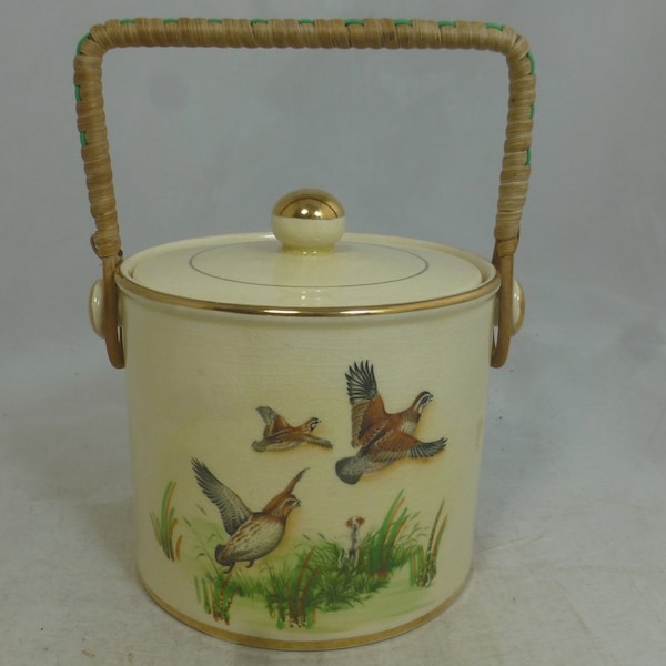 Vintage Arthur Wood Flying Geese & Partridge Biscuit Barrel / Storage Canister with Lid and Cane Handle 5 in H - Gold Trim - Made in England