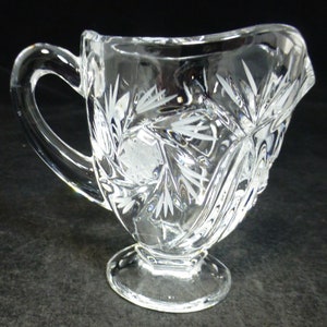 Art Deco Vintage Pressed Glass Decorative Footed Milk Jug / Creamer / Pitcher - Hand Cut Pinwheel Star Fan Pattern
