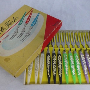 Vintage Boxed Kitsch Japan Cocktail Party Hors D'Oeuvre Set of 12 Forks - High Class Gold Floral Colourful Handles, 18 Stainless Steel