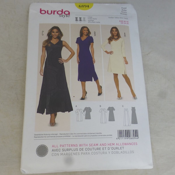 Vintage Burda Style 6894 Kleid a- UK Size 12 - 24 - Uncut Schnittmuster und Nähanleitung in Englisch, Französisch & Spanisch