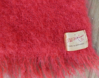 Vintage Large Red Scottish All Mohair Pile Hand Shawl / Stole / Wrap / Scarf with fringe - 180 x 43 cm - Made in Scotland - Vintage Label