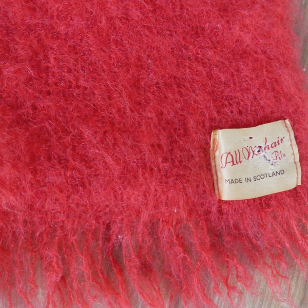 Vintage Large Red Scottish All Mohair Pile Hand Shawl / Stole / Wrap / Scarf with fringe - 180 x 43 cm - Made in Scotland - Vintage Label