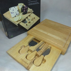 Occasion Slide Out Handmade Wood Cheese Board & Cheese Knife Fork Set - 3 Stainless Steel and Wood Handle Specialist Cheese Utensils - BNIB