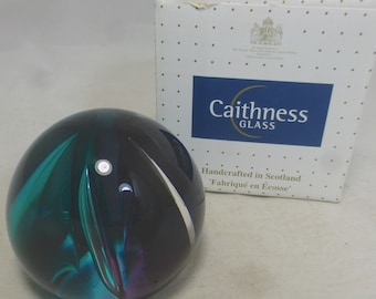 Vintage Caithness Scimitar Signed Turquoise Blue Purple Large Glass Paperweight Gift Box 3.25in D - Hand Blown Controlled Bubbles - Scotland