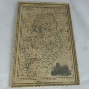 Antica mappa del Nottinghamshire con cornice colorata a mano, incisa su acciaio da Pigot & Co - Cornice in legno dorato bianco e blu - 15,5 x 10,25 pollici