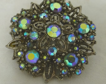 Round Diamanté AB Crystal Floral Silver Pewter Tone Brooch – Sparkling Rhinestones - Unique Costume Jewellery