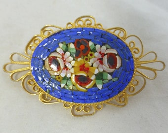 Vintage Beautiful Italian Micro Mosaic Oval Pin Brooch with Gold Tone Filagree Surround - Blue & Colourful Floral Pattern – Italy c 1930s