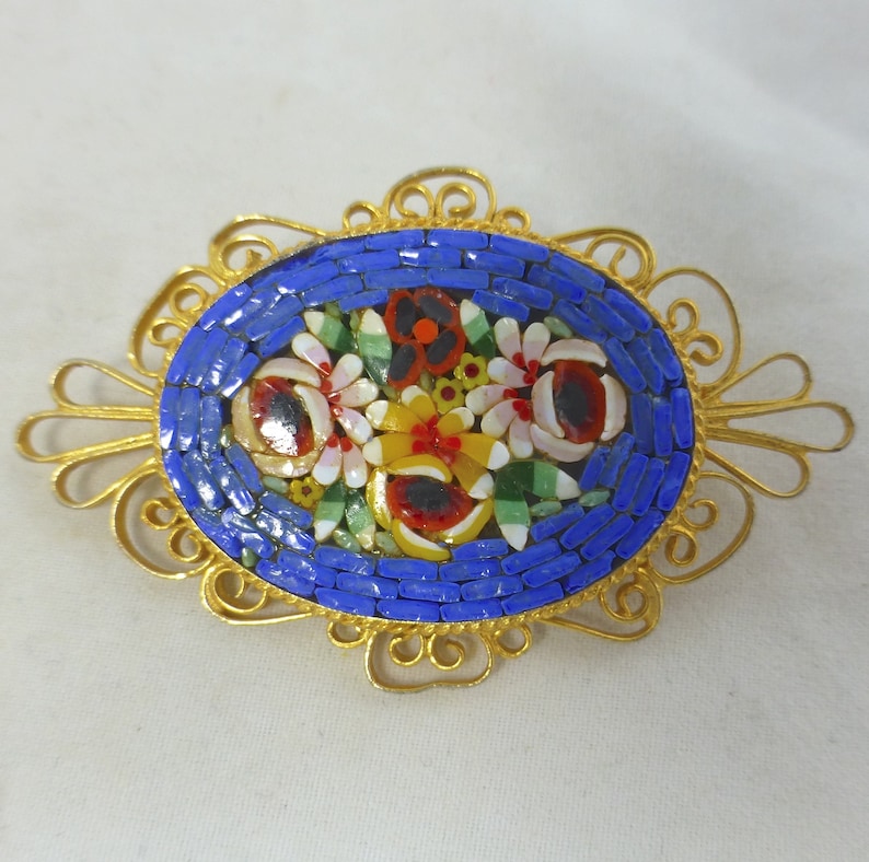 Vintage Beautiful Italian Micro Mosaic Oval Pin Brooch with Gold Tone Filagree Surround Blue & Colourful Floral Pattern Italy c 1930s image 1