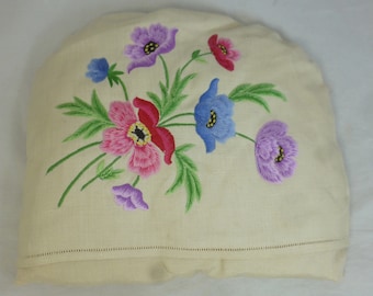 Cosy de té de lino floral bordado a mano vintage para tetera M/L - Flores de anémona cosidas a mano - Calentador de tetera aislado 32 x 29 x 8 cm - Regalo