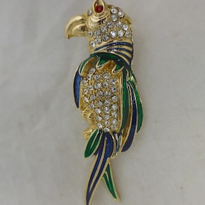Parrot Diamante Crystal Gold Tone Blue and Green Enamel Resting Parrot Bird Pin Brooch – Ladies Costume jewellery – Parrot Brooch Gift