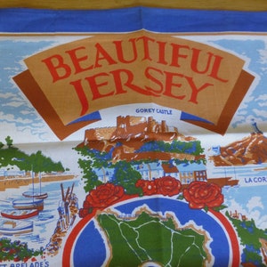 Beautiful Jersey Vintage English Cotton Tea Towel / Kitchen Towel – Jersey Souvenir Tea Towel with Beauty Spots and Tourist Sites in Jersey