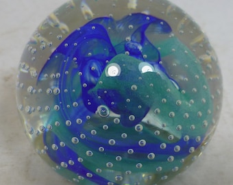 Caithness Scotland Art Glass Vintage Reflections 93 Globe Paperweight Lapis Blue and Sea Green Glass - Controlled Bubbles - Etched CIIG