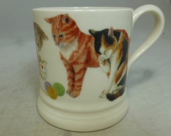 Lustige Emma Bridgewater Bunte Katzenrassen Wollball Porzellantasse - Hand dekoriert Kitty Cat Design - England - Unbenutzt mit Etikett