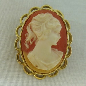 Coral Tone Cameo Vintage Brooch with Classical Female Head Profile in Relief - Gold Tone Semi Circle Frame Open Back Mount Costume jewellery