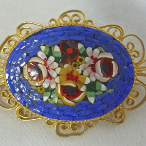 Vintage Beautiful Italian Micro Mosaic Oval Pin Brooch with Gold Tone Filagree Surround Blue & Colourful Floral Pattern Italy c 1930s image 4