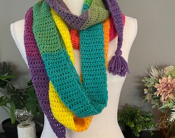 Seriously Awesome and Ridiculously Long (4m) Handmade Colour Changing Crochet Rainbow Scarf with Tassels