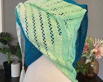 Turquoise and Aqua Green Handmade Crochet Colour Change Asymmetrical Shawl Zigzag Stitches Tassles Ombre Triangle Scarf Wrap 100% Cotton