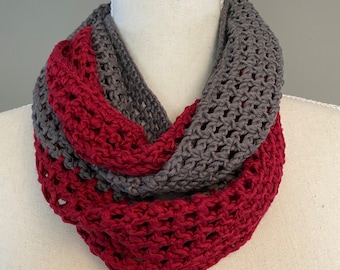 Simple Burgandy Maroon Red and Grey Two Tone Crochet Infinity Cowl Handmade Bamboo Yarn Stretch Scarf Wrap