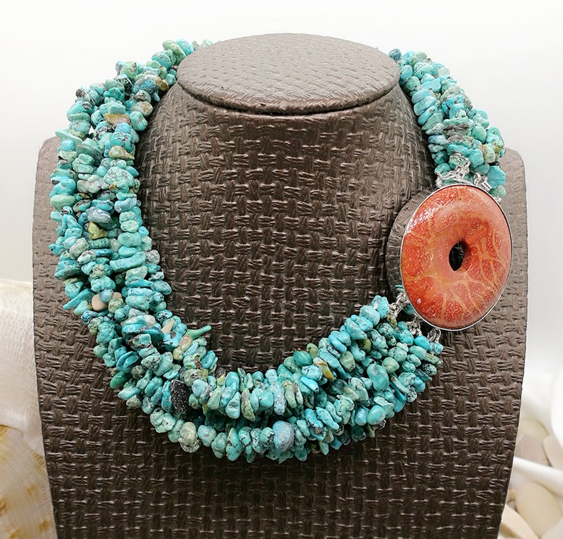 Turquoise and Red Coral Sterling Sliver Necklace