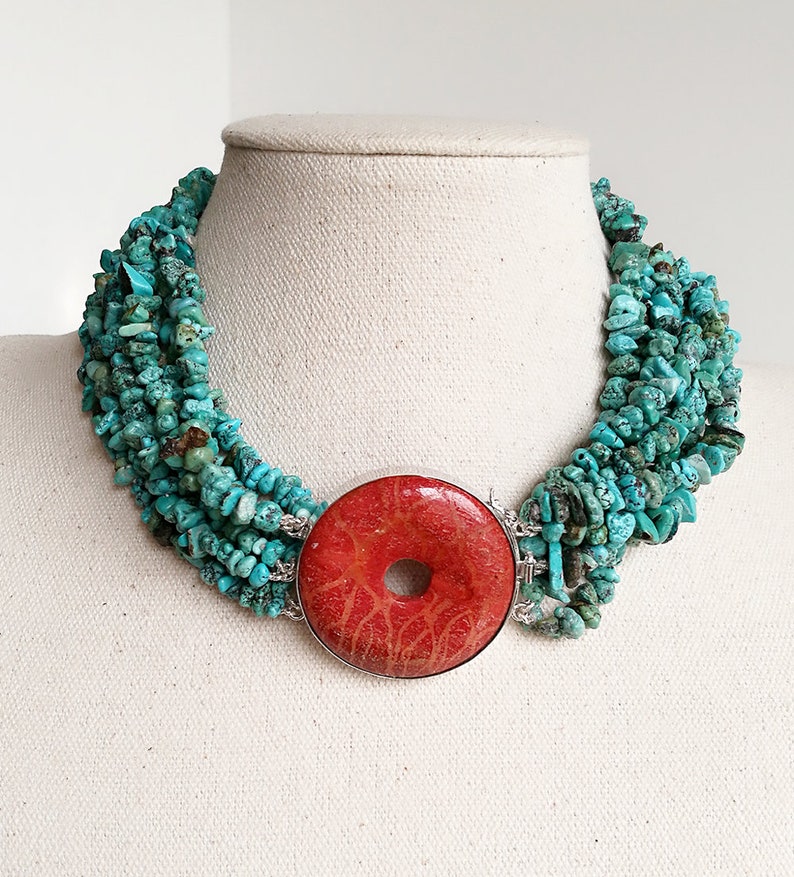 Turquoise and Red Coral Sterling Sliver Necklace