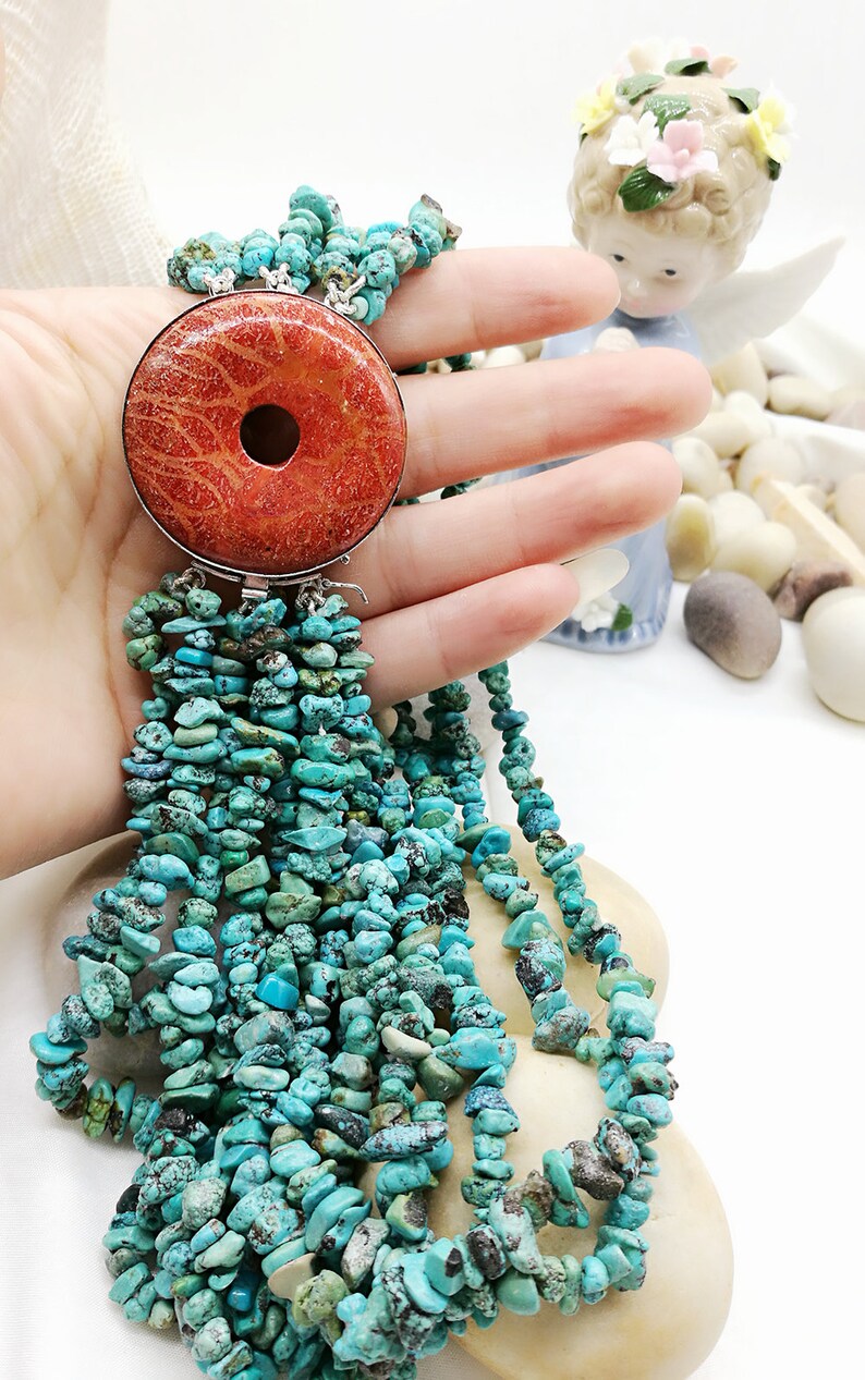 Turquoise and Red Coral Sterling Sliver Necklace
