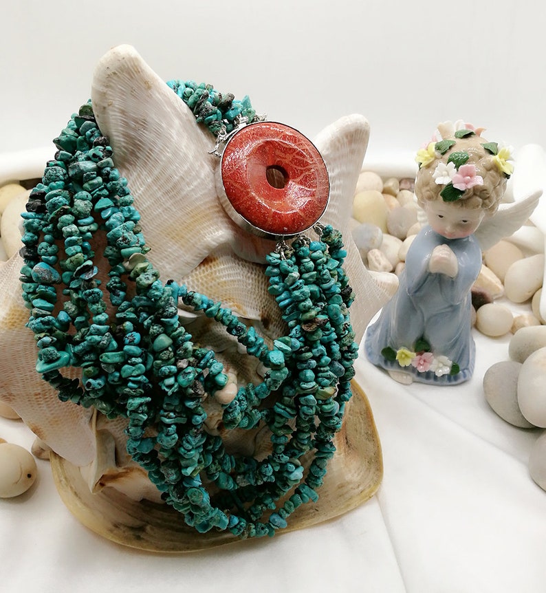 Turquoise and Red Coral Sterling Sliver Necklace