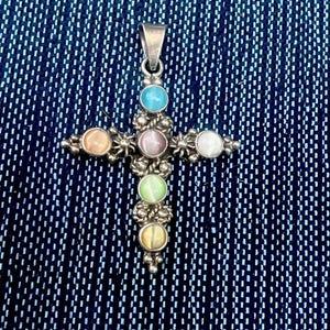 Vintage Sterling Silver Cabochon Cat Eye Cross Pendant Mexico Gemstones Silverwork