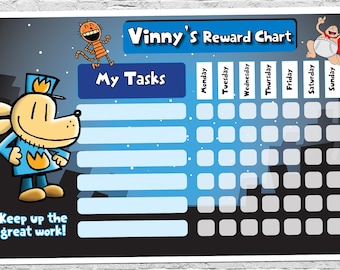 Puede incluir: Un colorido cuadro de recompensas con personajes de dibujos animados y el texto "Vinny's Reward Chart". El cuadro incluye espacios para tareas y días de la semana, con la frase "Keep up the great work!" en la parte inferior.