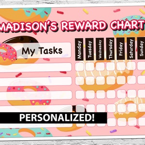 Tabla de recompensas DONUTS / PERSONALIZADO / Tabla de tareas para niños / Tabla de pegatinas / Buen comportamiento / DIY / Diente dulce