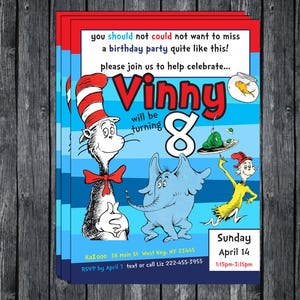 Seuss invite 5x7 - personalized! | Cat in hat | Kids Party | Printable