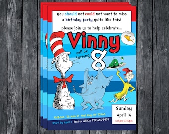 Seuss invite 5x7 - personalized! | Cat in hat | Kids Party | Printable | Dr. Seuss