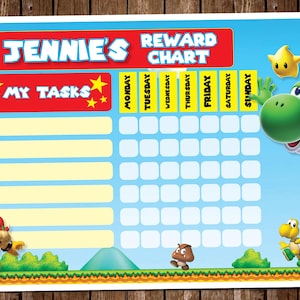 Könnte beinhalten: Ein rechteckiges Belohnungsdiagramm mit hellblauem Hintergrund, das Mario, Yoshi, Bowser und andere Videospielcharaktere zeigt. Das Diagramm enthält den Text Jennie's Reward Chart und My Tasks sowie gelbe Spalten für Wochentage und weiße Felder.
