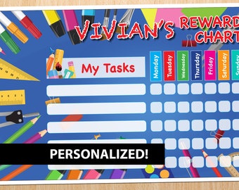 May include: A personalized reward chart with the name "Vivian's" in red and white lettering. The chart features a blue background with sections for "My Tasks" and days of the week. School supplies like pencils, rulers, and markers are illustrated.