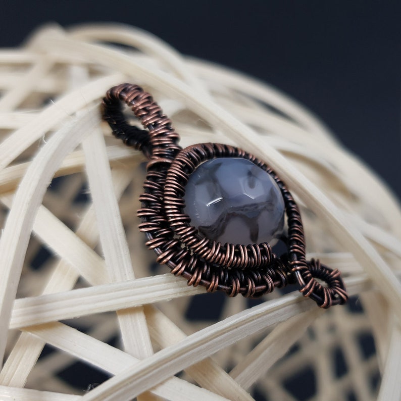 Small jewelry gift idea for women Woven necklace for Halloween Unique birthday gift for friend Agate copper wire wrap pendant for her