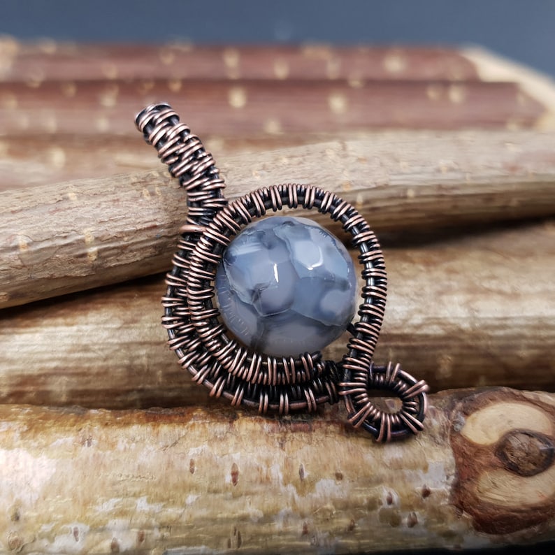 Small jewelry gift idea for women Woven necklace for Halloween Unique birthday gift for friend Agate copper wire wrap pendant for her