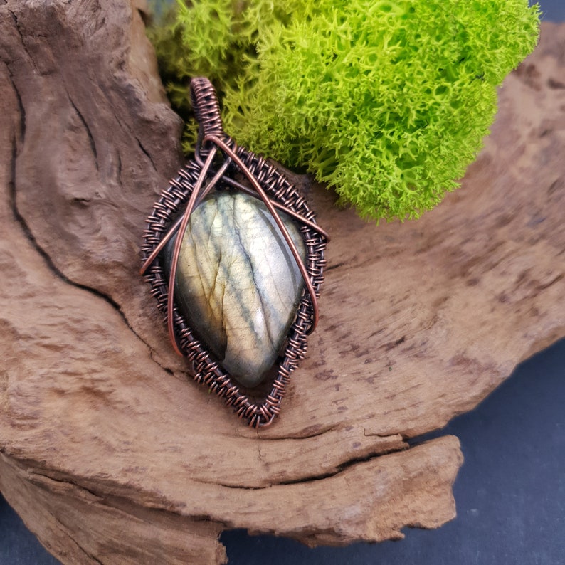 Leaf shaped jewelry gift idea for birthday or anniversary Golden labradorite and copper wire wrapped pendant for her or him