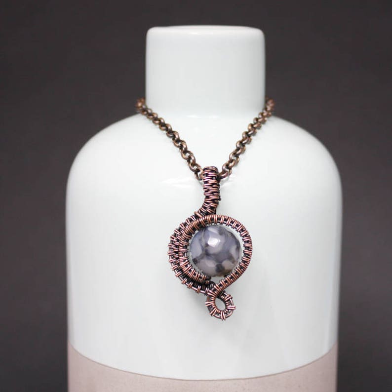 Small jewelry gift idea for women Woven necklace for Halloween Unique birthday gift for friend Agate copper wire wrap pendant for her