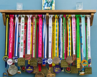 Wooden Medal Hanger Shelf: Running, Gymnastics, Football Display, Fathers day gift
