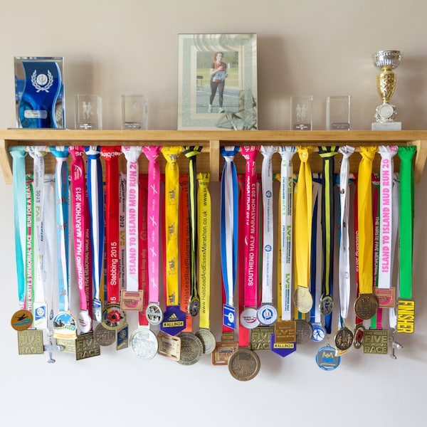 Medal Holder Medal Hanger Shelf Medal Display for Trophies - Running Rack Gymnastics Football Soccer Birthday Gift Idea For Runners