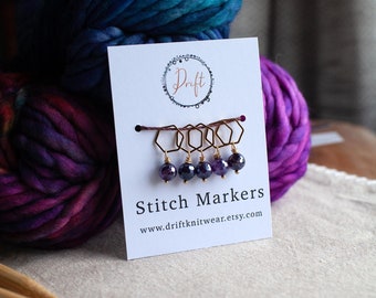 Set of 5 Purple Banded Agate Stitch Markers // Knitting Notions // Knitting Accessories // Hexagon and Purple Banded Agate Stitch Markers