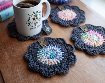 Set of Flower Coasters // Crocheted Cotton Flower Coasters // 4 Multi-Color Flower Coasters