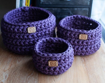 Crocheted Nesting Baskets // Set of 3 Purple Nesting Baskets // Handmade Trio of Baskets // T-Shirt Yarn Baskets