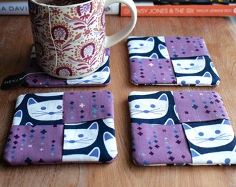 Kitty Coasters // Set of 4 Fabric Coasters // Reversible Coasters // Optional Matching Basket