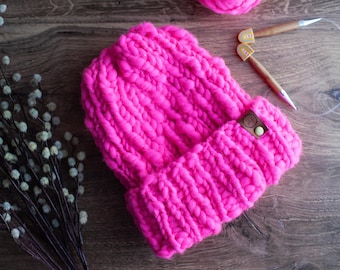 Hand Knit Wool Beanie // Bodacious Pink Chunky Beanie // Big Brim Beanie