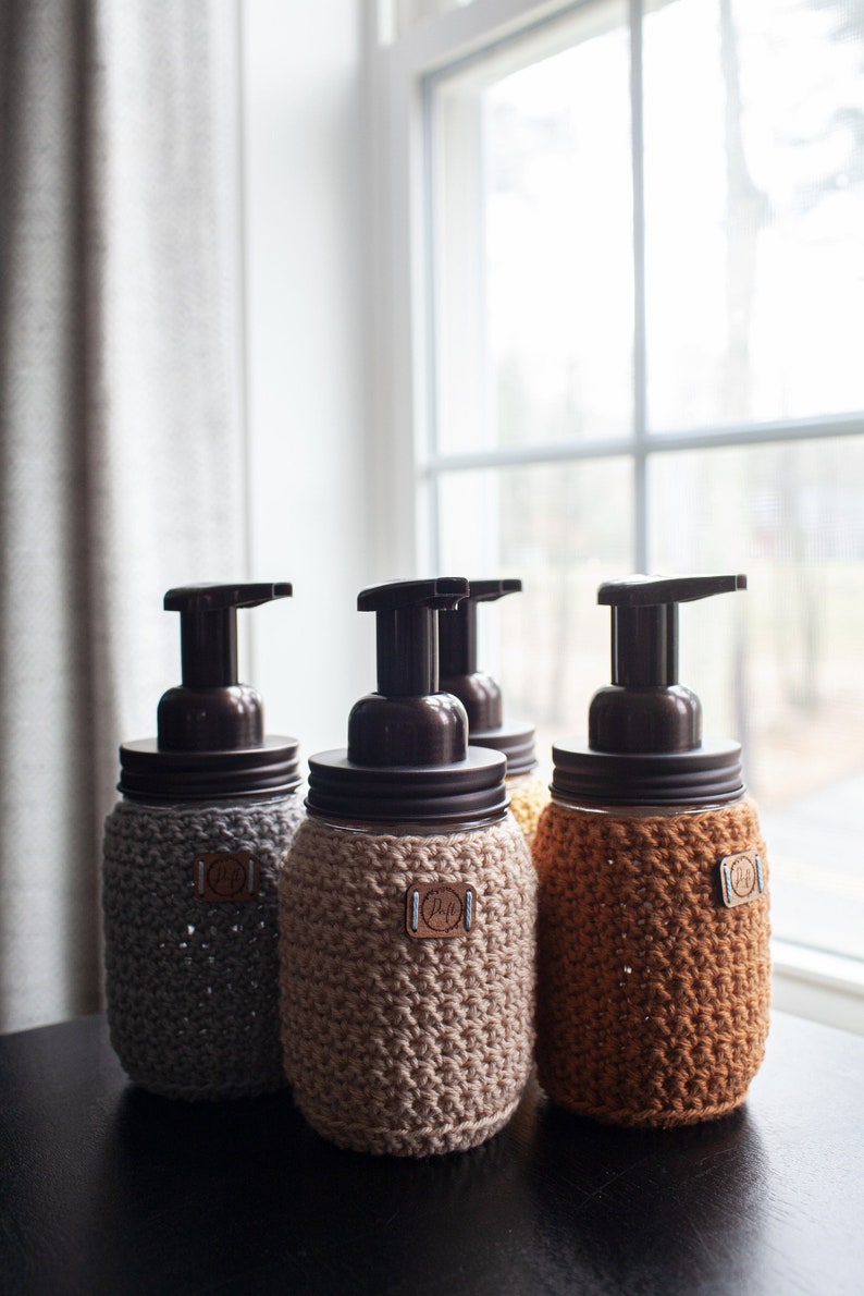 Mason Jar Soap Dispenser // Crocheted Mason Jar Cover // Foaming or Liquid Soap Dispenser image 1
