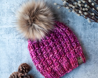 Women's Luxury Merino Wool Hand Knit Beanie // Walden Beanie // English Rose // Faux Fur Pom Beanie