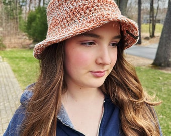 Bucket Hat // Crocheted Cotton Bucket Hat // Spring and Summer Hat // Ready-to-Ship // Multi-Color Bucket Hat // Orange Creamsicle with Sage