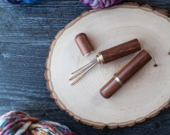 Wooden Needle Case // Needle Case and Three Tapestry Needles // Sandalwood Needle Holder