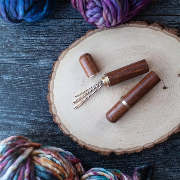 Wooden Needle Case // Needle Case and Three Tapestry Needles // Sandalwood Needle Holder